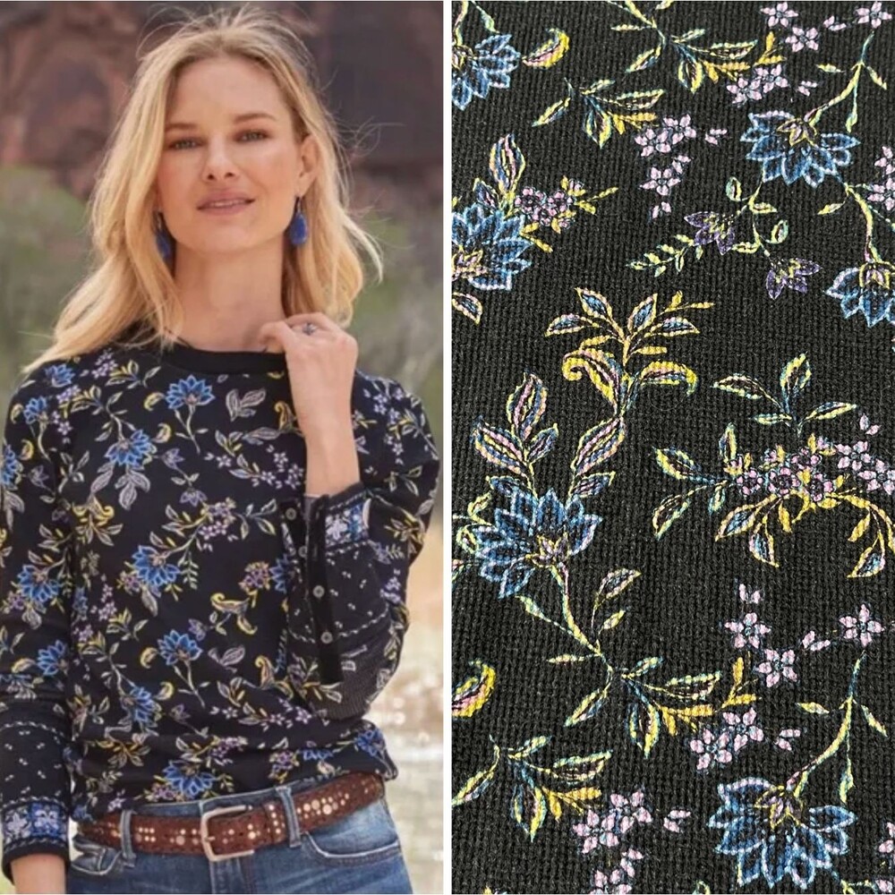 Sundance Loretta Thermal Waffle Knit Tee Long Sleeve Black Wildflower Floral M - Picture 14 of 14